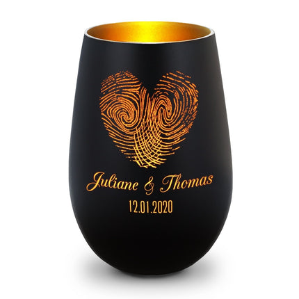 SEO. Deko Windlicht aus Glas mit Gravur - Herz Fingerabdruck - Personalisiert mit Namen & Datum - Schwarz - Gold Linkreich