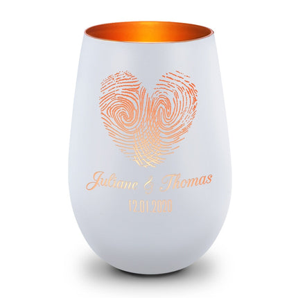 SEO. Deko Windlicht aus Glas mit Gravur - Herz Fingerabdruck - Personalisiert mit Namen & Datum - Weiß - Bronze Linkreich