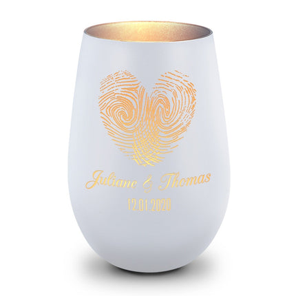 SEO. Deko Windlicht aus Glas mit Gravur - Herz Fingerabdruck - Personalisiert mit Namen & Datum - Weiß - Silber Linkreich