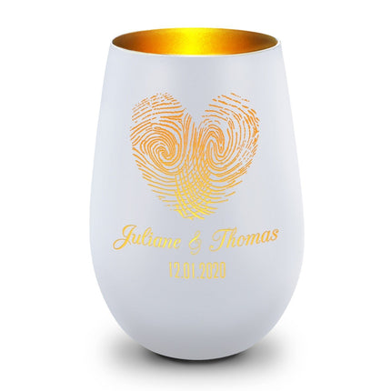SEO. Deko Windlicht aus Glas mit Gravur - Herz Fingerabdruck - Personalisiert mit Namen & Datum - Weiß - Gold Linkreich