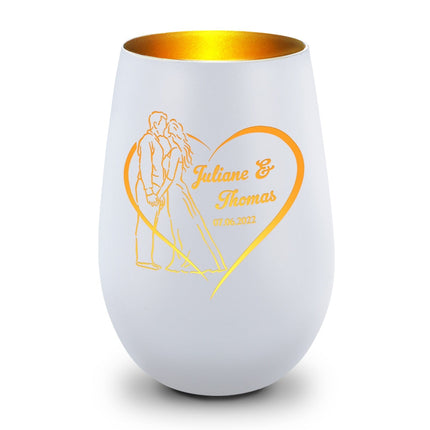 SEO. Deko Windlicht aus Glas mit Gravur - Hochzeitskuss - Personalisiert mit Namen & Datum - Weiß - Gold Linkreich