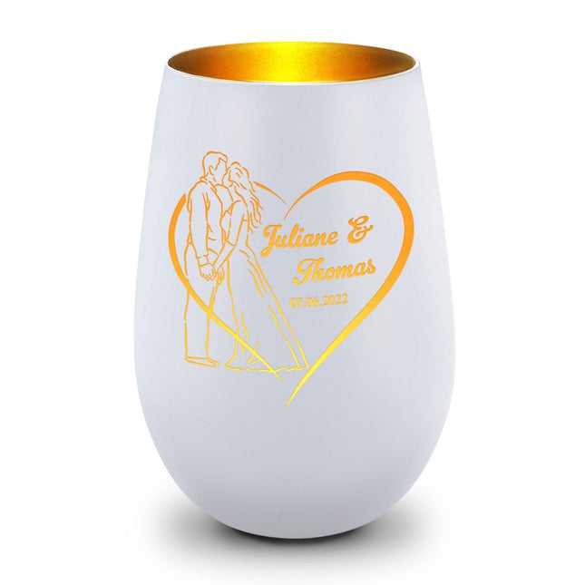 SEO. Deko Windlicht aus Glas mit Gravur - Hochzeitskuss - Personalisiert mit Namen & Datum - Weiß - Gold Linkreich