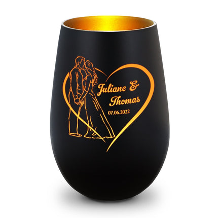 SEO. Deko Windlicht aus Glas mit Gravur - Hochzeitskuss - Personalisiert mit Namen & Datum - Schwarz - Gold Linkreich