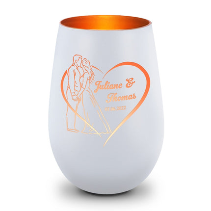 SEO. Deko Windlicht aus Glas mit Gravur - Hochzeitskuss - Personalisiert mit Namen & Datum - Weiß - Bronze Linkreich