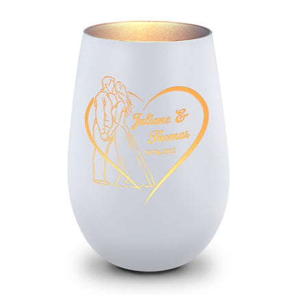 SEO. Deko Windlicht aus Glas mit Gravur - Hochzeitskuss - Personalisiert mit Namen & Datum - Weiß - Silber Linkreich