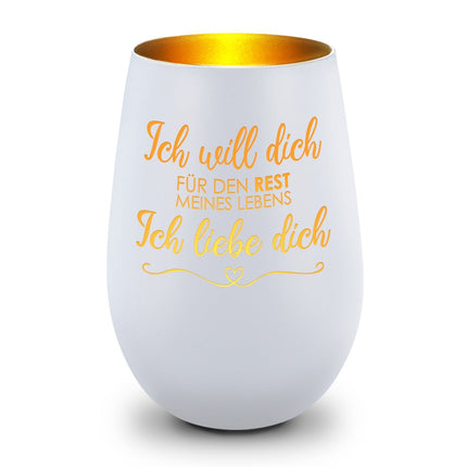 SEO. Deko Windlicht aus Glas mit Gravur - Ich will dich für den Rest meines Lebens - Weiß - Gold Linkreich
