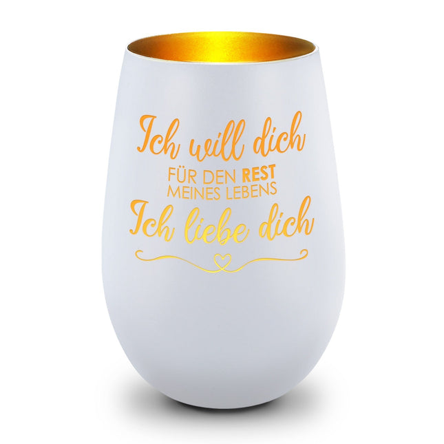 SEO. Deko Windlicht aus Glas mit Gravur - Ich will dich für den Rest meines Lebens - Weiß - Gold Linkreich