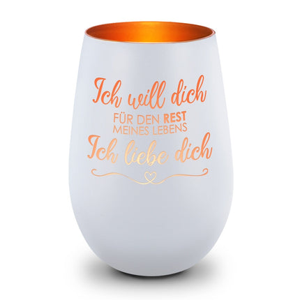 SEO. Deko Windlicht aus Glas mit Gravur - Ich will dich für den Rest meines Lebens - Weiß - Bronze Linkreich