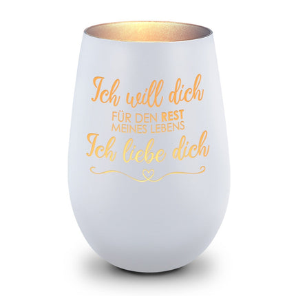 SEO. Deko Windlicht aus Glas mit Gravur - Ich will dich für den Rest meines Lebens - Weiß - Silber Linkreich