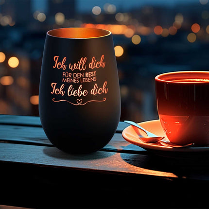 SEO. Deko Windlicht aus Glas mit Gravur - Ich will dich für den Rest meines Lebens - Schwarz - Bronze Linkreich