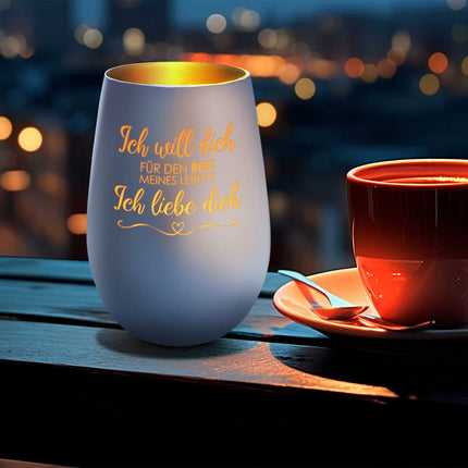 SEO. Deko Windlicht aus Glas mit Gravur - Ich will dich für den Rest meines Lebens - Weiß - Gold Linkreich
