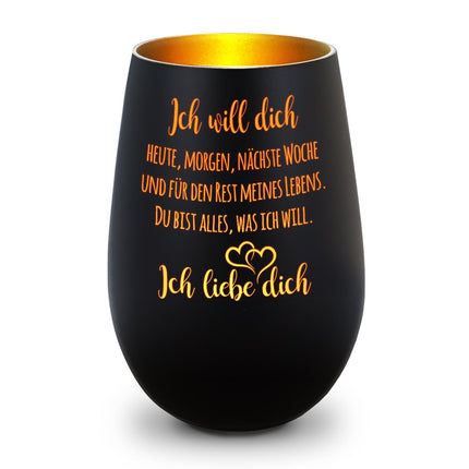 SEO. Deko Windlicht aus Glas mit Gravur - Ich will dich heute, morgen - Schwarz - Gold Linkreich