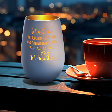 SEO. Deko Windlicht aus Glas mit Gravur - Ich will dich heute, morgen - Weiß - Gold Linkreich