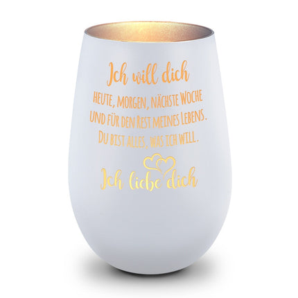 SEO. Deko Windlicht aus Glas mit Gravur - Ich will dich heute, morgen - Weiß - Silber Linkreich