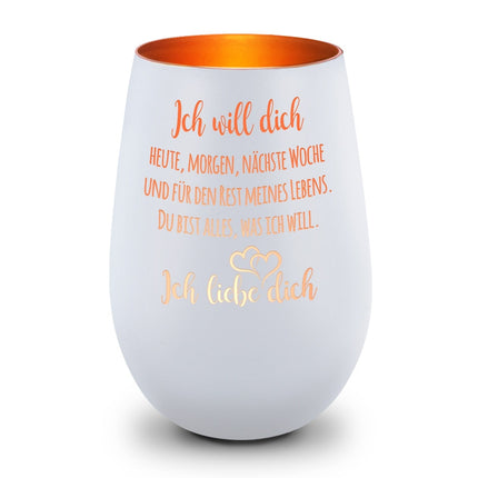 SEO. Deko Windlicht aus Glas mit Gravur - Ich will dich heute, morgen - Weiß - Bronze Linkreich