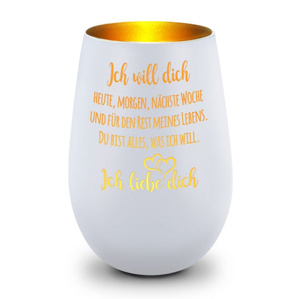 SEO. Deko Windlicht aus Glas mit Gravur - Ich will dich heute, morgen - Weiß - Gold Linkreich