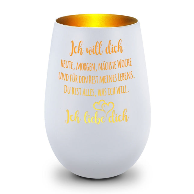 SEO. Deko Windlicht aus Glas mit Gravur - Ich will dich heute, morgen - Weiß - Gold Linkreich