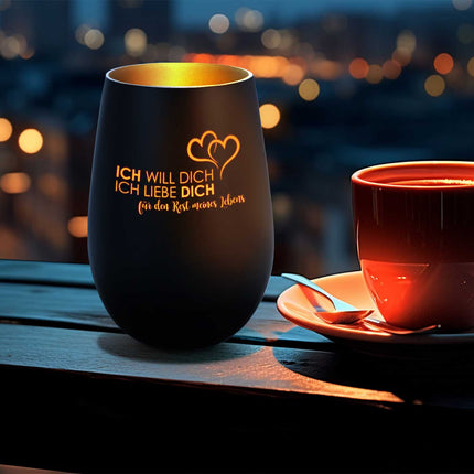 SEO. Deko Windlicht aus Glas mit Gravur - Ich will dich, ich liebe dich - Schwarz - Gold Linkreich