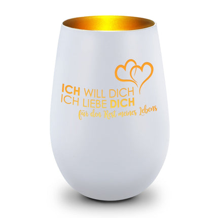 SEO. Deko Windlicht aus Glas mit Gravur - Ich will dich, ich liebe dich - Weiß - Bronze Linkreich