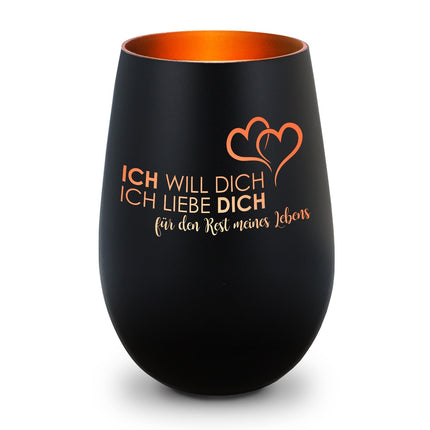 SEO. Deko Windlicht aus Glas mit Gravur - Ich will dich, ich liebe dich - Schwarz - Bronze Linkreich