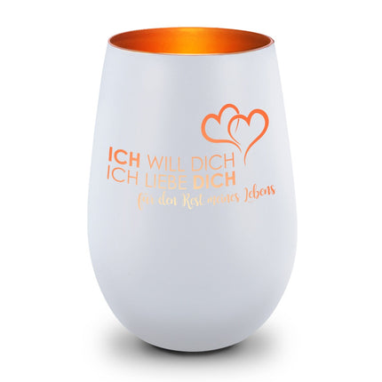 SEO. Deko Windlicht aus Glas mit Gravur - Ich will dich, ich liebe dich - Schwarz - Gold Linkreich
