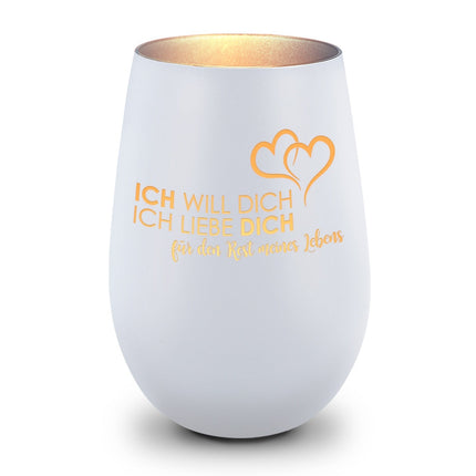 SEO. Deko Windlicht aus Glas mit Gravur - Ich will dich, ich liebe dich - Weiß - Gold Linkreich
