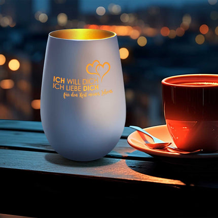 SEO. Deko Windlicht aus Glas mit Gravur - Ich will dich, ich liebe dich - Weiß - Gold Linkreich
