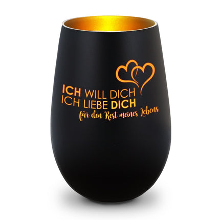 SEO. Deko Windlicht aus Glas mit Gravur - Ich will dich, ich liebe dich - Schwarz - Bronze Linkreich