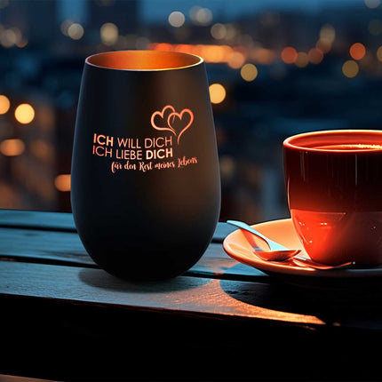 SEO. Deko Windlicht aus Glas mit Gravur - Ich will dich, ich liebe dich - Schwarz - Bronze Linkreich