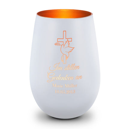 SEO. Deko Windlicht aus Glas mit Gravur - Im Stillen Gedenken - Personalisiert mit Namen & Datum - Trauer - Weiß - Bronze Linkreich