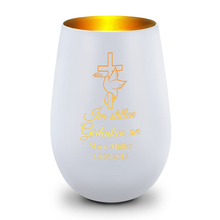 SEO. Deko Windlicht aus Glas mit Gravur - Im Stillen Gedenken - Personalisiert mit Namen & Datum - Trauer - Weiß - Gold Linkreich