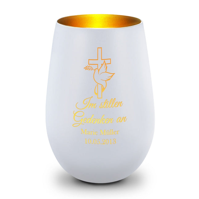 SEO. Deko Windlicht aus Glas mit Gravur - Im Stillen Gedenken - Personalisiert mit Namen & Datum - Trauer - Weiß - Gold Linkreich