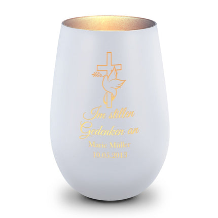 SEO. Deko Windlicht aus Glas mit Gravur - Im Stillen Gedenken - Personalisiert mit Namen & Datum - Trauer - Weiß - Silber Linkreich