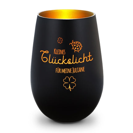 SEO. Deko Windlicht aus Glas mit Gravur - Kleines Glückslicht - Personalisiert mit Name - Schwarz - Gold Linkreich