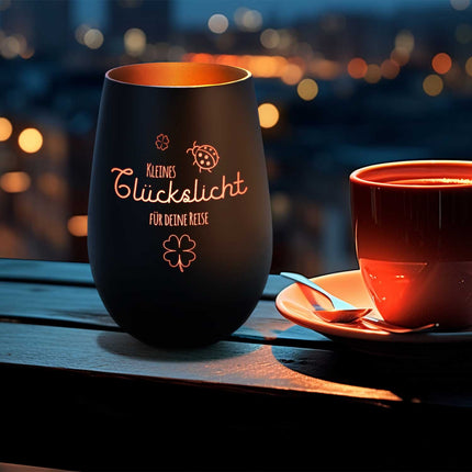 SEO. Deko Windlicht aus Glas mit Gravur - Kleines Glückslicht - Personalisiert mit Name - Schwarz - Bronze Linkreich