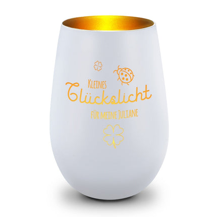 SEO. Deko Windlicht aus Glas mit Gravur - Kleines Glückslicht - Personalisiert mit Name - Weiß - Gold Linkreich