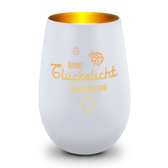 SEO. Deko Windlicht aus Glas mit Gravur - Kleines Glückslicht - Personalisiert mit Name - Weiß - Gold Linkreich