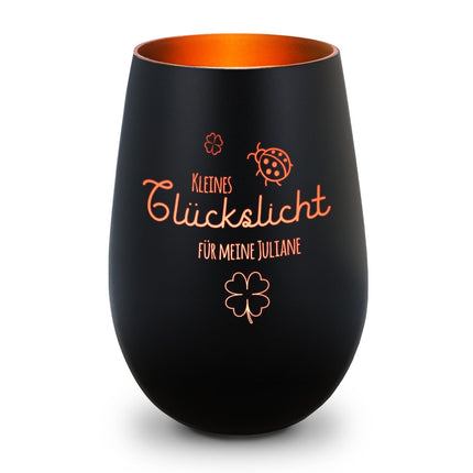 SEO. Deko Windlicht aus Glas mit Gravur - Kleines Glückslicht - Personalisiert mit Name - Schwarz - Bronze Linkreich