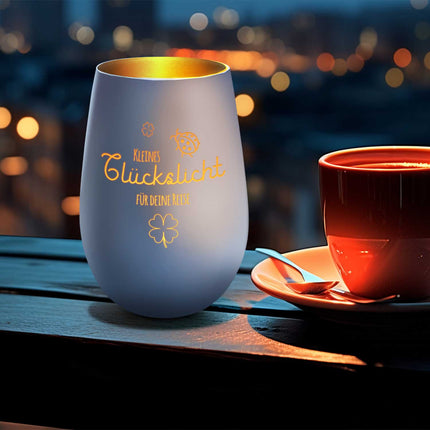 SEO. Deko Windlicht aus Glas mit Gravur - Kleines Glückslicht - Personalisiert mit Name - Weiß - Gold Linkreich