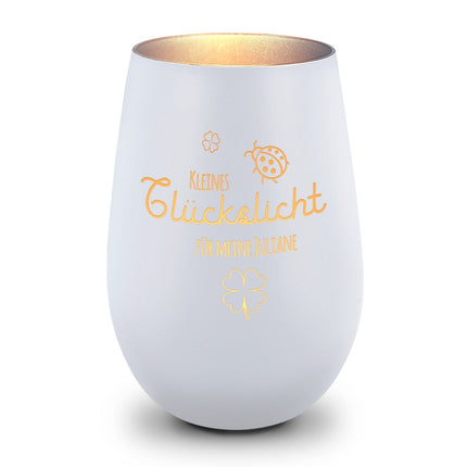 SEO. Deko Windlicht aus Glas mit Gravur - Kleines Glückslicht - Personalisiert mit Name - Weiß - Silber Linkreich