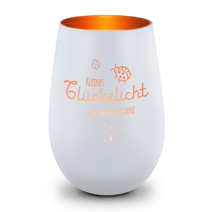 SEO. Deko Windlicht aus Glas mit Gravur - Kleines Glückslicht - Personalisiert mit Name - Weiß - Bronze Linkreich