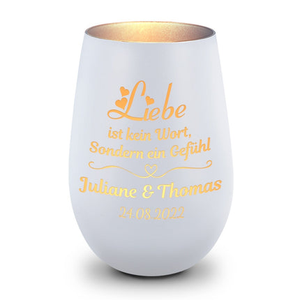 SEO. Deko Windlicht aus Glas mit Gravur - Liebe ist kein Wort - Personalisiert mit Namen & Datum - Weiß - Silber Linkreich