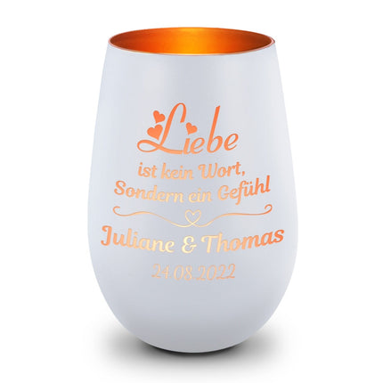 SEO. Deko Windlicht aus Glas mit Gravur - Liebe ist kein Wort - Personalisiert mit Namen & Datum - Weiß - Bronze Linkreich