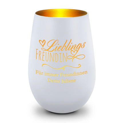SEO. Deko Windlicht aus Glas mit Gravur - Lieblings Freundin - Personalisiert mit Namen - Weiß - Gold Linkreich