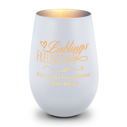 SEO. Deko Windlicht aus Glas mit Gravur - Lieblings Freundin - Personalisiert mit Namen - Weiß - Silber Linkreich