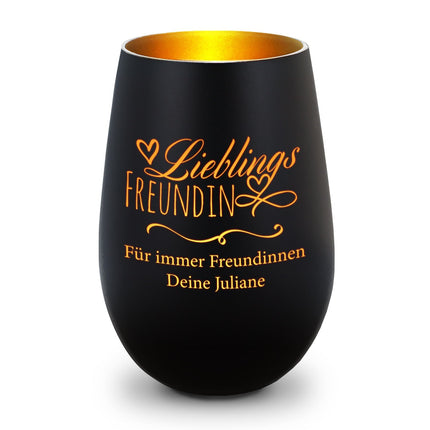 SEO. Deko Windlicht aus Glas mit Gravur - Lieblings Freundin - Personalisiert mit Namen - Weiß - Bronze Linkreich