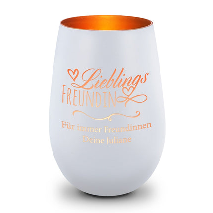 SEO. Deko Windlicht aus Glas mit Gravur - Lieblings Freundin - Personalisiert mit Namen - Weiß - Bronze Linkreich