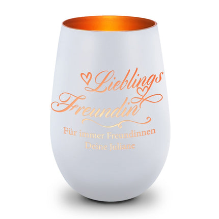 SEO. Deko Windlicht aus Glas mit Gravur - Lieblings Freundin v2 - Personalisiert mit Namen - Weiß - Bronze Linkreich