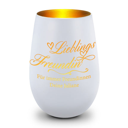 SEO. Deko Windlicht aus Glas mit Gravur - Lieblings Freundin v2 - Personalisiert mit Namen - Weiß - Gold Linkreich