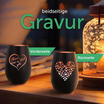SEO. Deko Windlicht aus Glas mit Gravur - Merci dass es Dich gibt - Beidseitig graviertes Herzmotiv - Schwarz - Bronze Linkreich